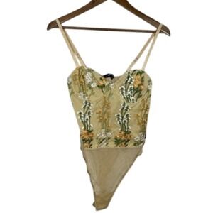 Lulus Beige Embroidered Floral Corset Bustier Bodysuit Sheer Size L NWT